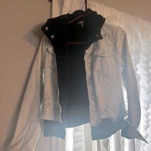 Free people light washed jean jacket with hoodie attached underneath